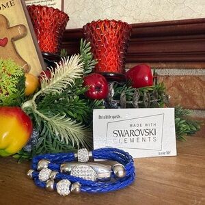 Blue braided leather bracelet with crystal accents, made with Swarovski Elements